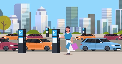 Illustration of cars parked on-street with parking meters and a woman using contactless phone to pay.