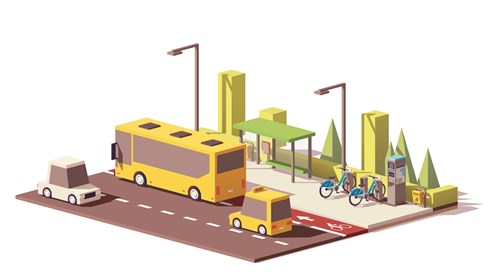 Illustration of a mobility hub with a bus pulling up a stop, bike lane, bike parking and taxis.