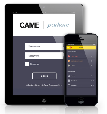 Tablet and smartphone display CAME Parkare logo and login screen