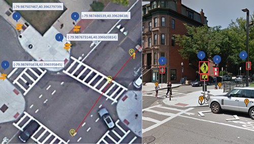 Satellite and road view of pedestrian crossings at a cross roads