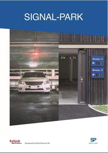 Brochure front cover showing car parked in garage and parking guidance displays