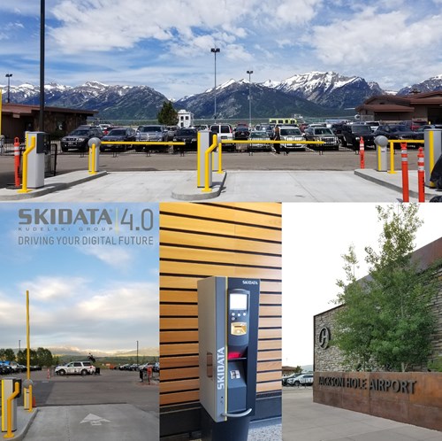 Collage: parking barriers, parking meters, mountain