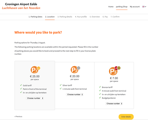 Screenshot of Groningen Airport parking reservation software.