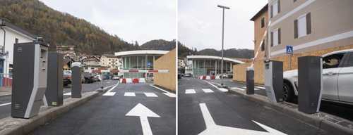 Two photos show the entry and exit lanes of a parking facility, with a car waiting for a barrier to lift.