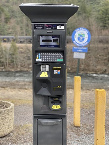 Flowbird solar-powered parking meter with bollards and trees in backgroun