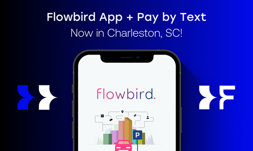 image of an annoucement of Flowbird's pay by text solution available in Charleston, SC