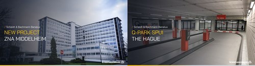 Two images combined in one: Zna Middelheim hospital and Q-Park Spui parking garage
