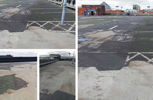 Collage of four images of a parking garage roof and ramp in need of repair, with asphalt coming away.