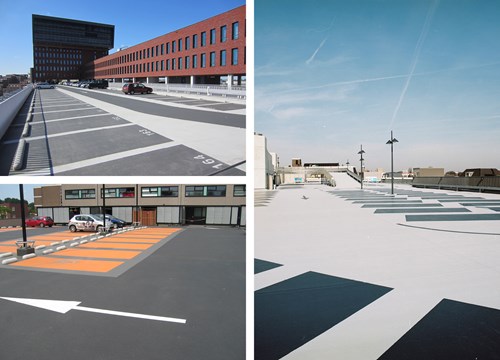 Images of car park roof tops with spaces and walkways defined in different colors