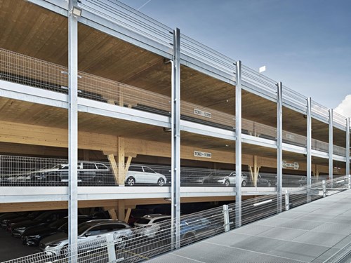 fall protection barriers on a wooden, multi-storey car park